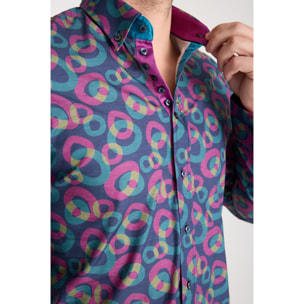 Camicia Uomo 1 Bottoni Button Down Slim Popeline Stampato Blu/Viola Ciclamino