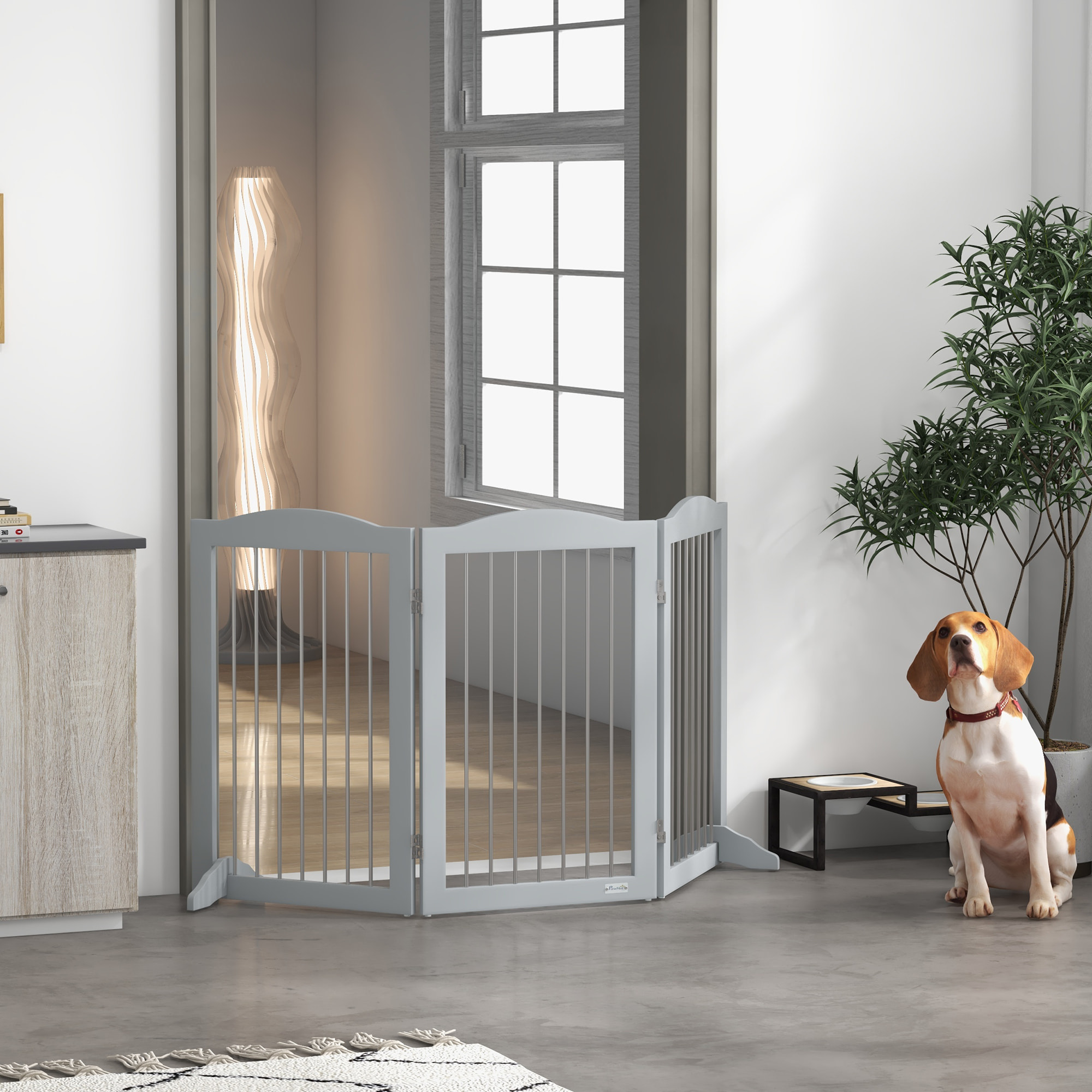 Barrera de Seguridad para Perros Plegable para Escaleras y Puertas Valla para Perros Pequeños y Medianos de 3 Paneles con Soporte de Pie para Interiores 154x30x80 cm Gris