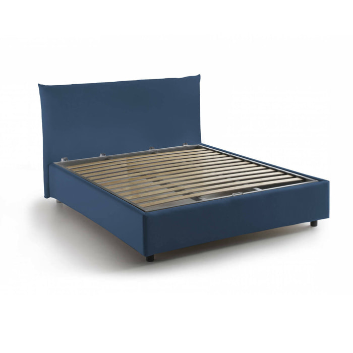 Letto piazza e mezza Amorino, Letto contenitore con rivestimento in tessuto, 100% Made in Italy, Apertura frontale, adatto per materasso Cm 120x190, Blu