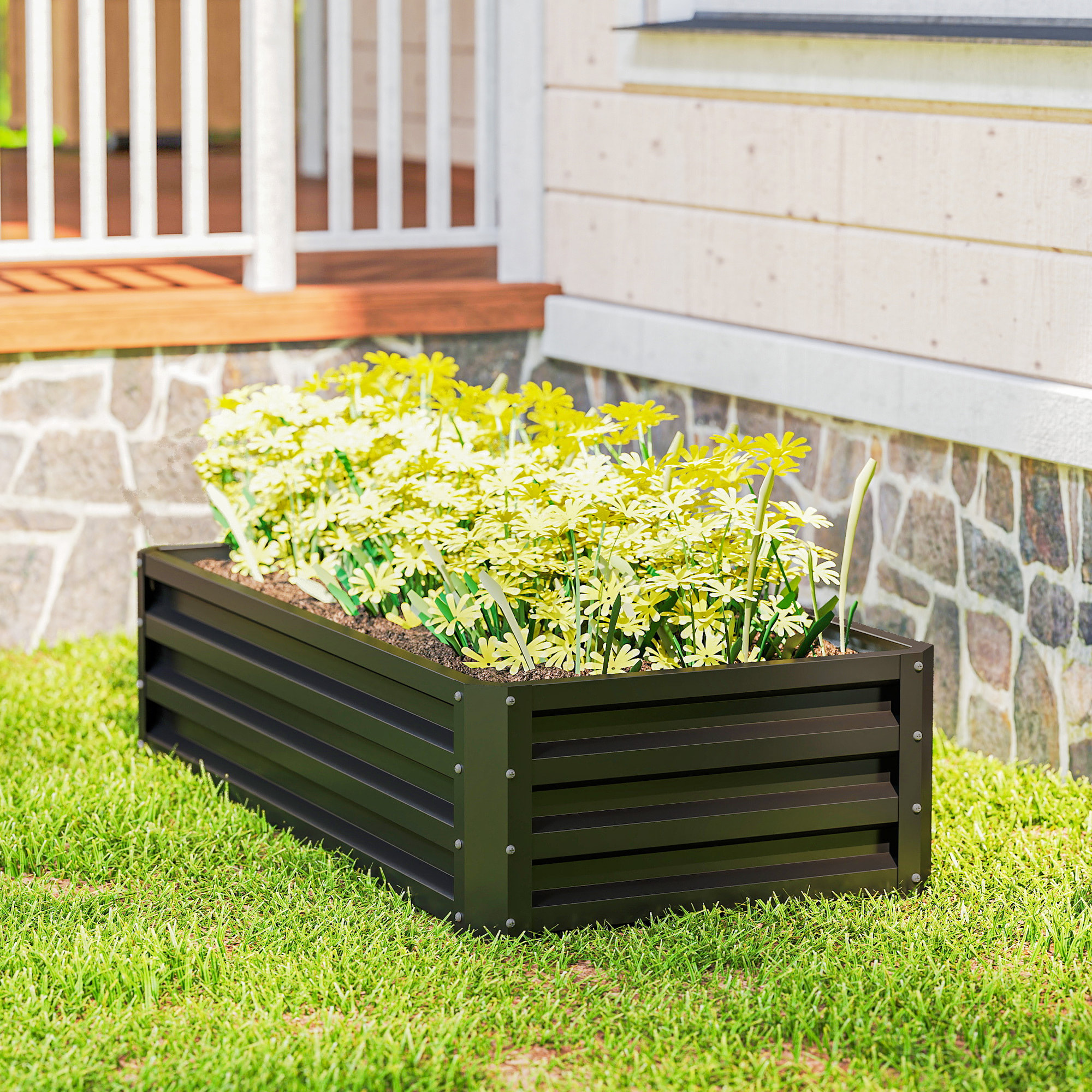 Jardinera Exterior Grande de Acero Galvanizado, Huerto Urbano Elevado para Cultivar Plantas, Flores, Hierba, Macetero Exterior Rectangular con Fondo Abierto, 120x60x30,5 cm, Gris