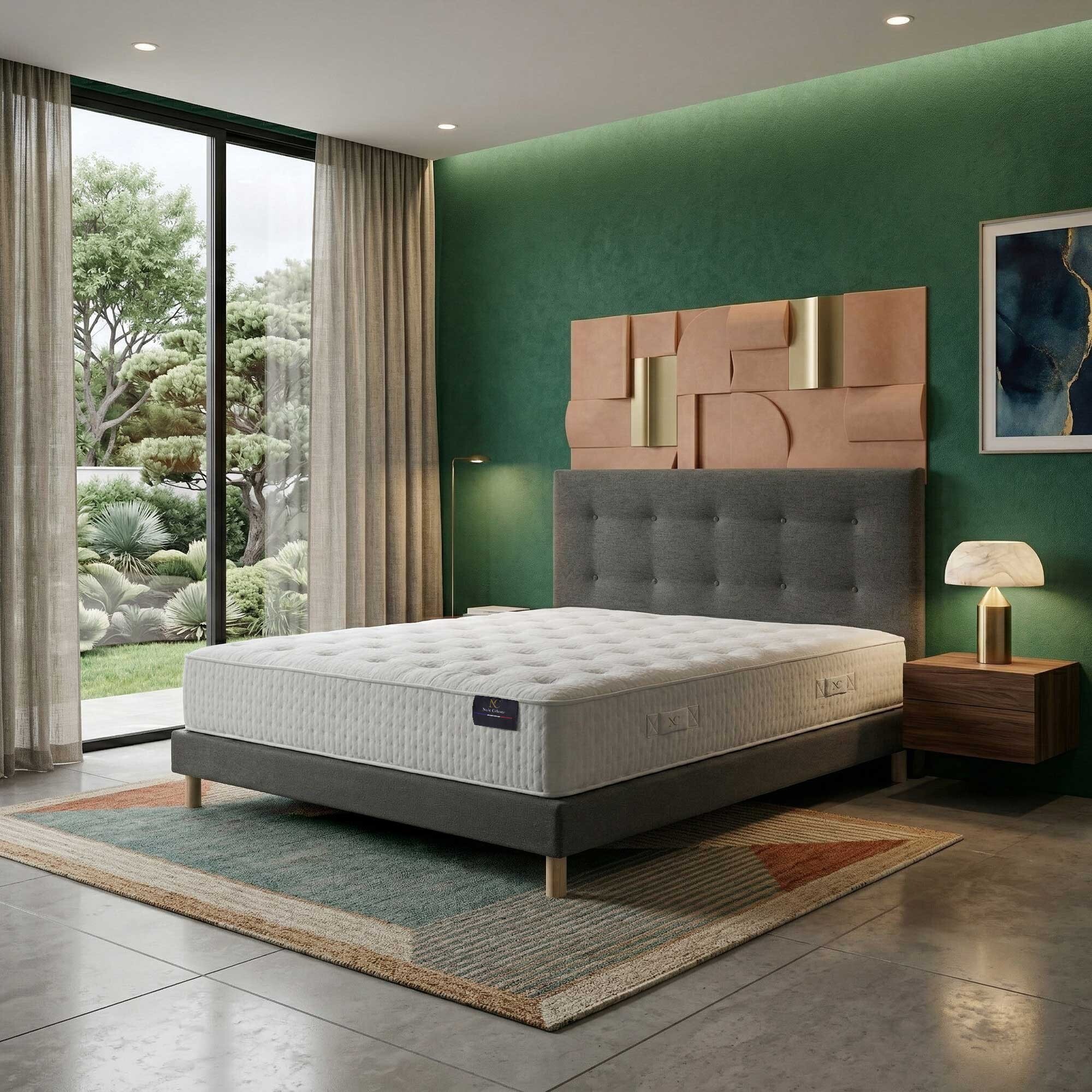 Ensemble COMÈTE + tête de lit capitonnée - Matelas ressorts ensachés 27 cm - sommier et tête de lit gris foncé