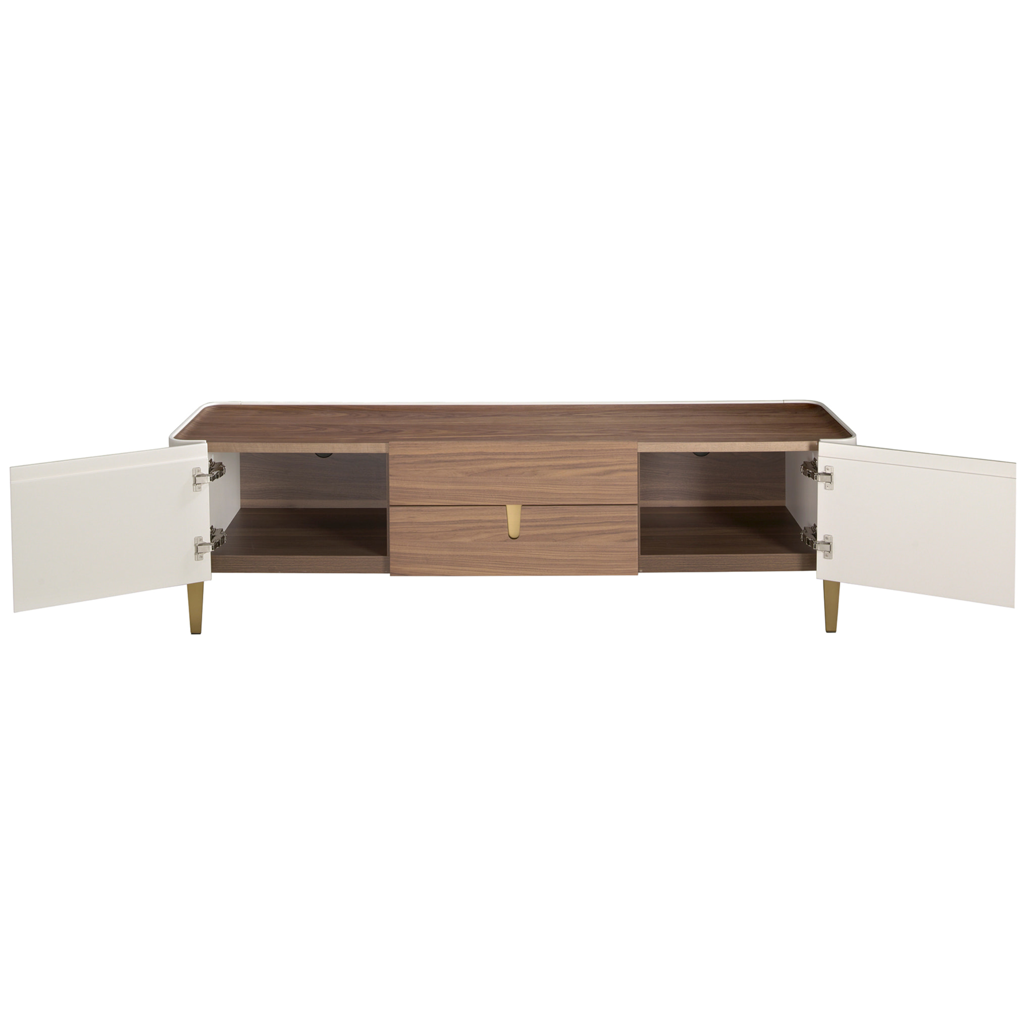 Mueble TV con estructura de madera chapada en nogal natural y madera MDF lacada en beige y unas patas de acero inoxidable pulido en dorado 200x47x54cm