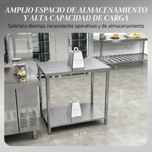 HOMCOM Mesa de Trabajo de Acero Inoxidable con 2 Estantes, Banco de Trabajo Taller Resistente para Cocina, Garaje, Carga 100 kg, 90x60x86 cm, Plata