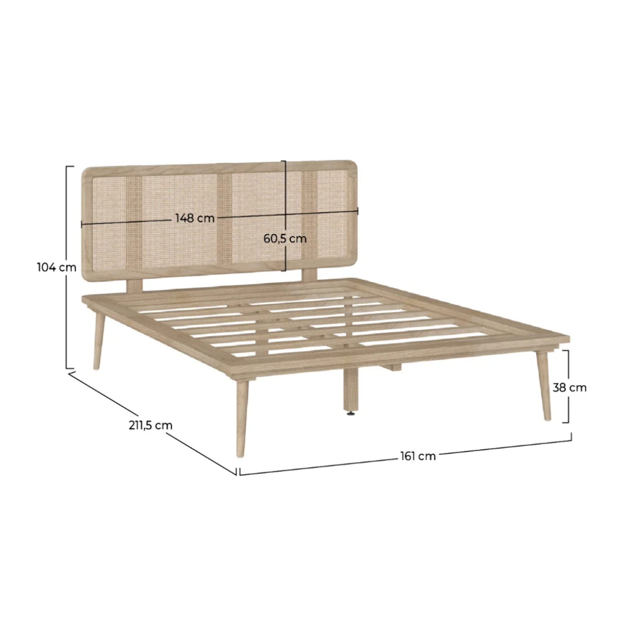 Lit double 140x190 cm en bois et cannage - Adik