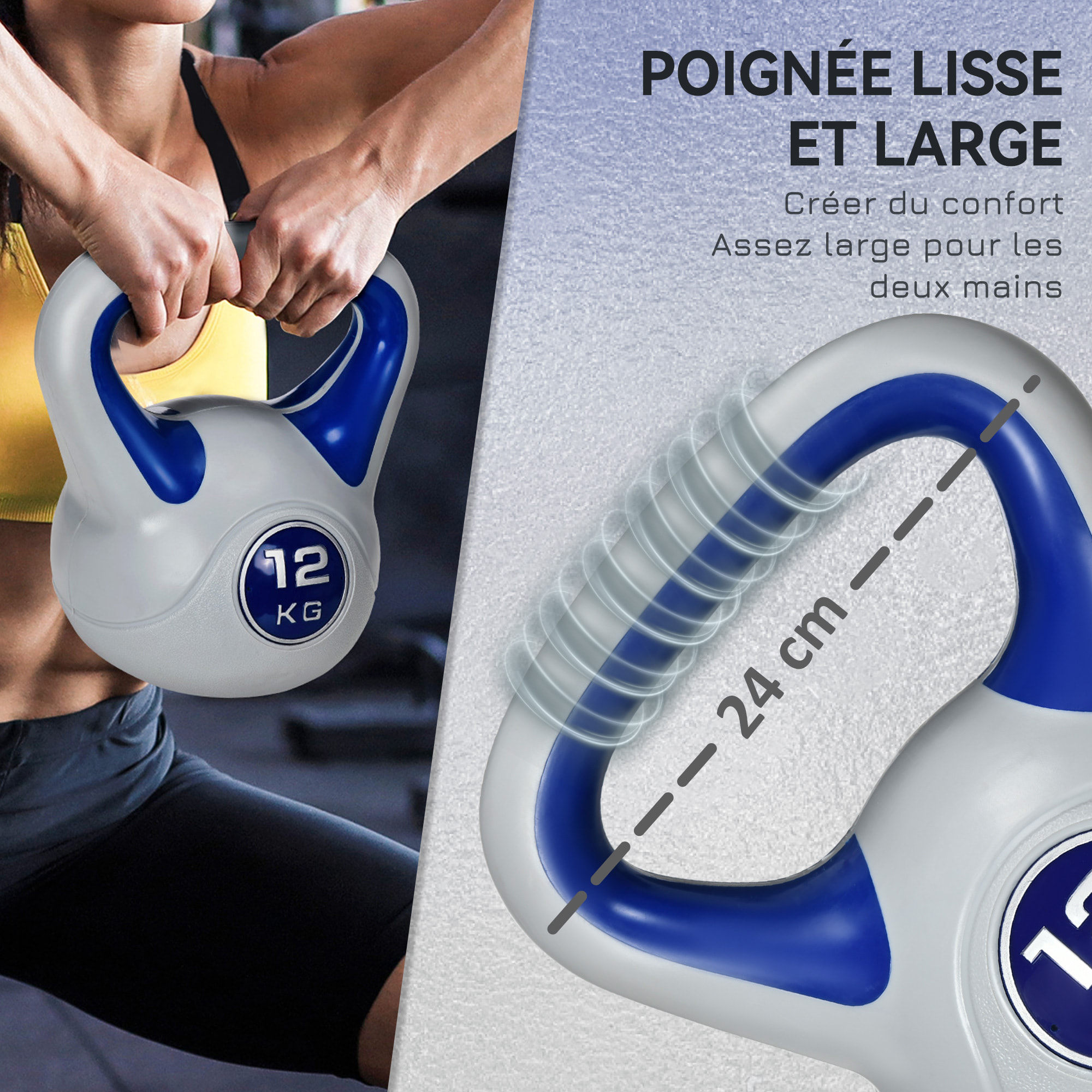 Kettlebell 12 Kg - haltère boule - poignée ergonomique - PU gris bleu