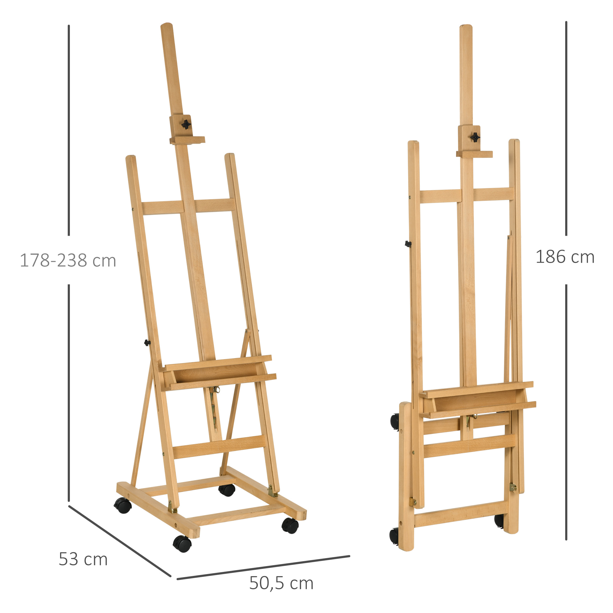 Caballete de Pintura Plegable, 238 cm, Caballete de Madera con Ruedas, Altura Ajustable, Bandeja, para Adultos, Artistas, Pintor, Estudiantes, Natural