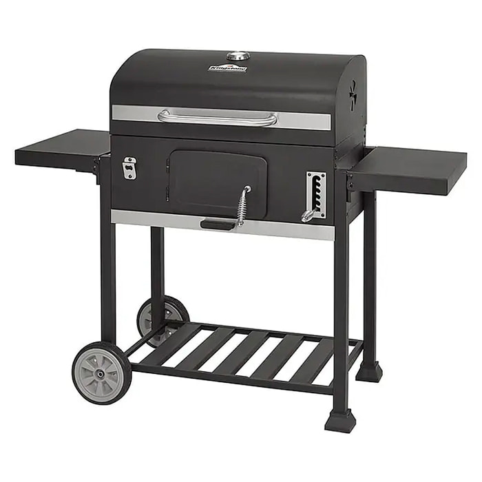 Barbecue portatile in ferro XXL con vassoio per carboni a altezza regolabile e 4 griglie.
