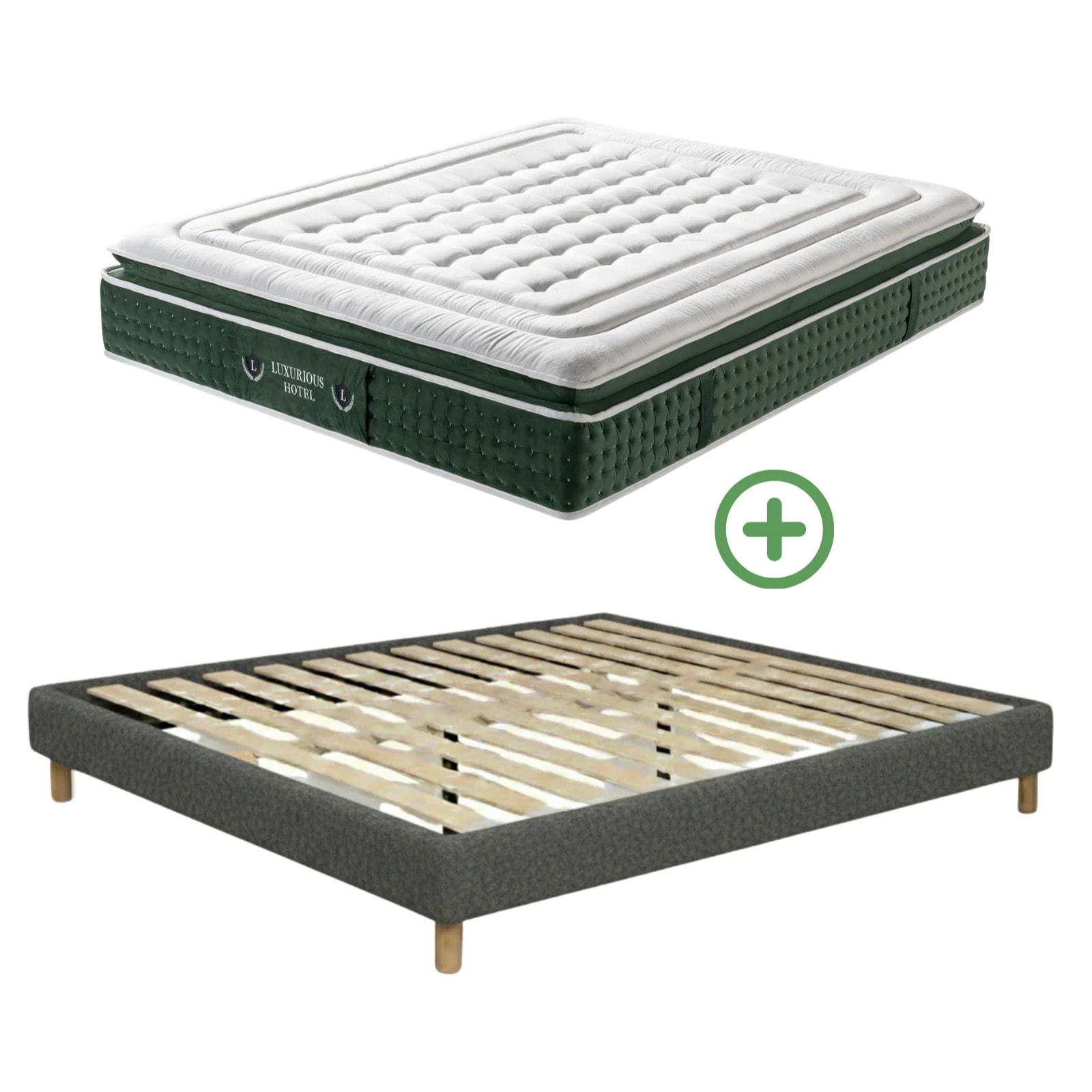 Ensemble matelas Jade & sommier Cancun | Mémoire de forme et ressorts ensachés | Cadre à lattes | Bouclette | Gris clair