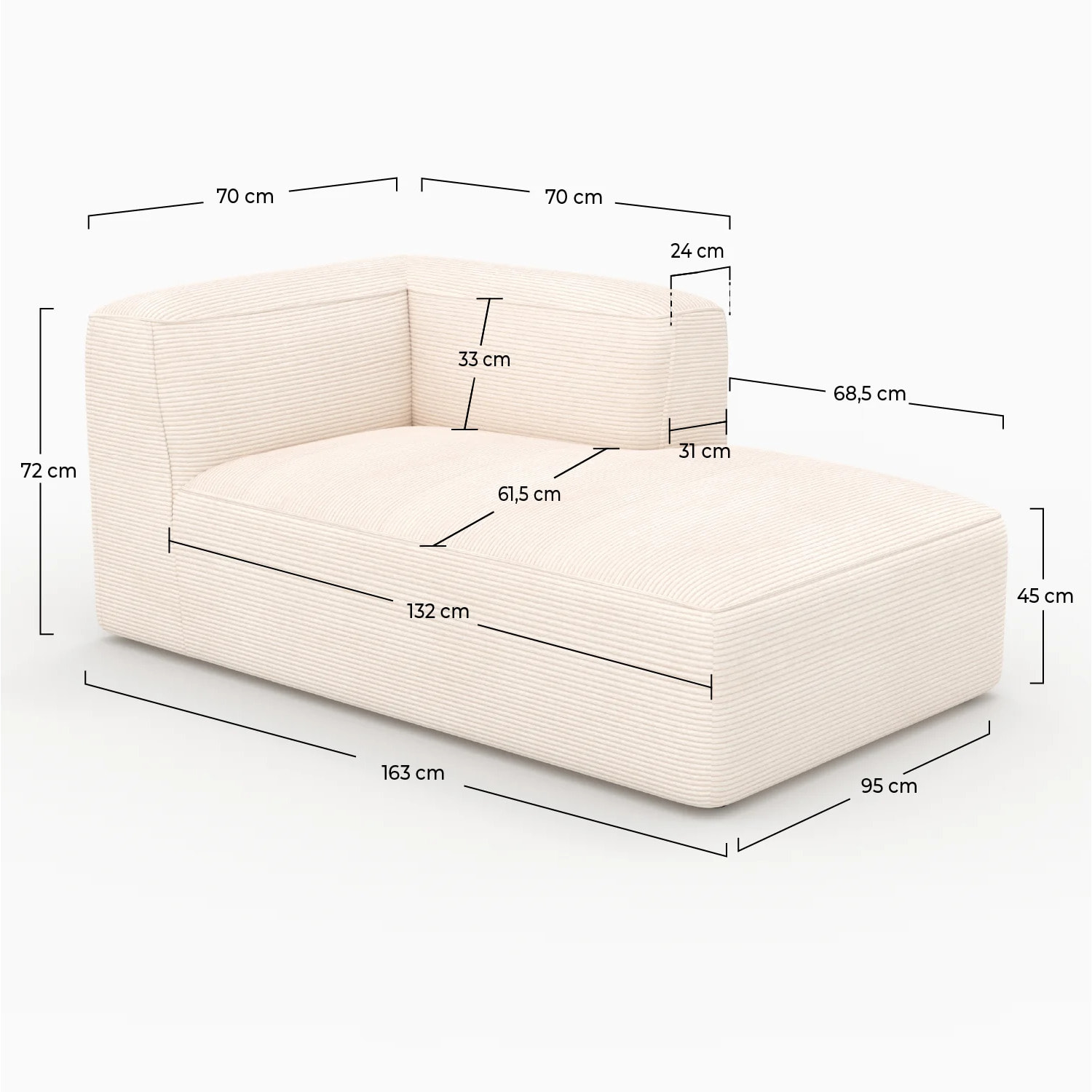 Méridienne d'angle à droite pour canapé modulable en velours blanc - Mina