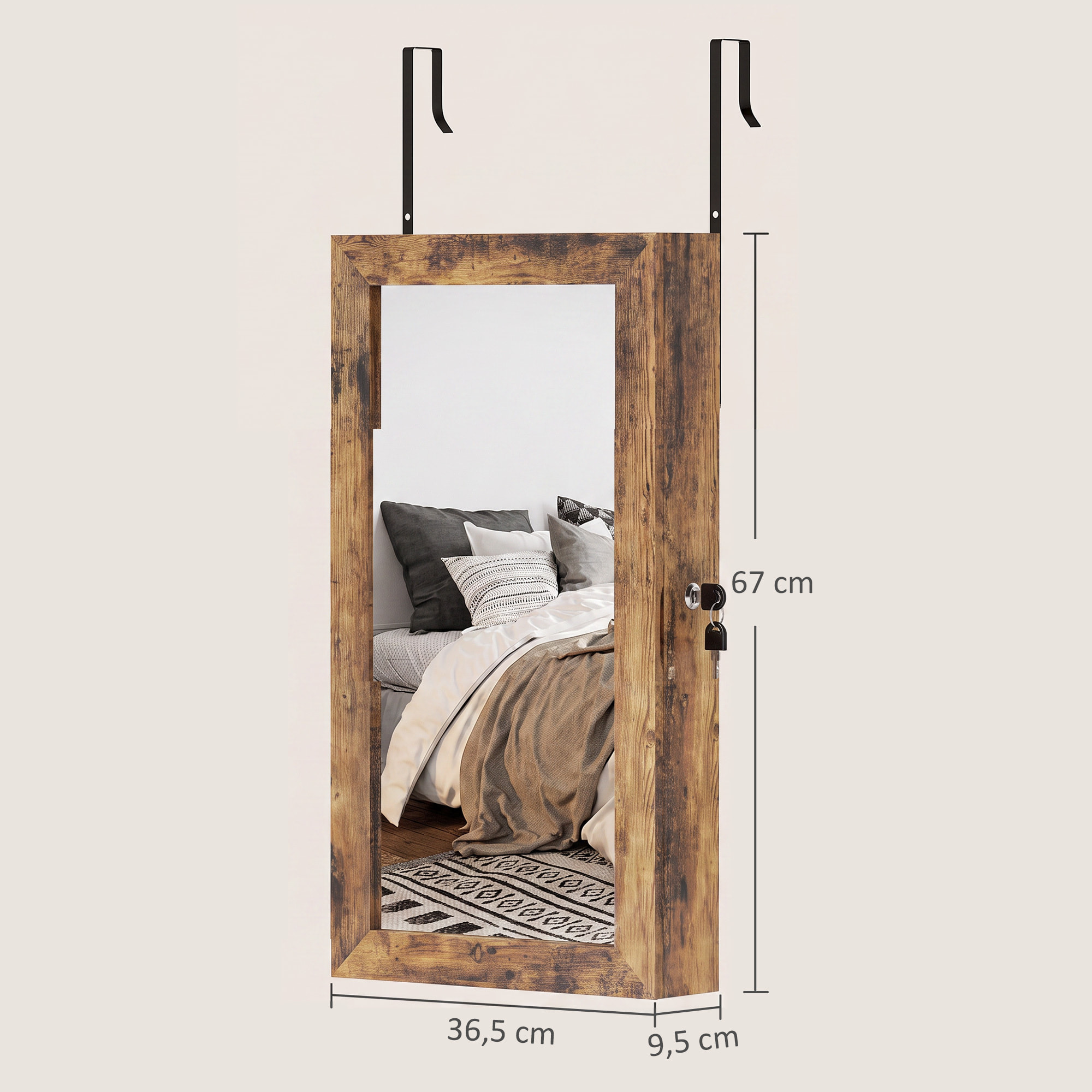 Espejo Joyero de Pared Armario para Joyas con Cerradura y Varios Compartimentos Montar en Pared o Puerta para Pendiente Collar Anillo Pulsera Regalo Marrón Rústico y Forro Negro