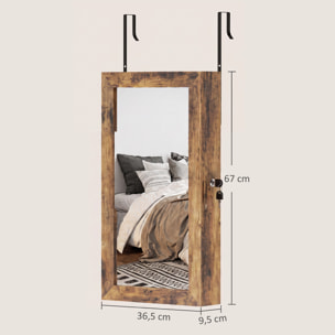 Espejo Joyero de Pared Armario para Joyas con Cerradura y Varios Compartimentos Montar en Pared o Puerta para Pendiente Collar Anillo Pulsera Regalo Marrón Rústico y Forro Negro