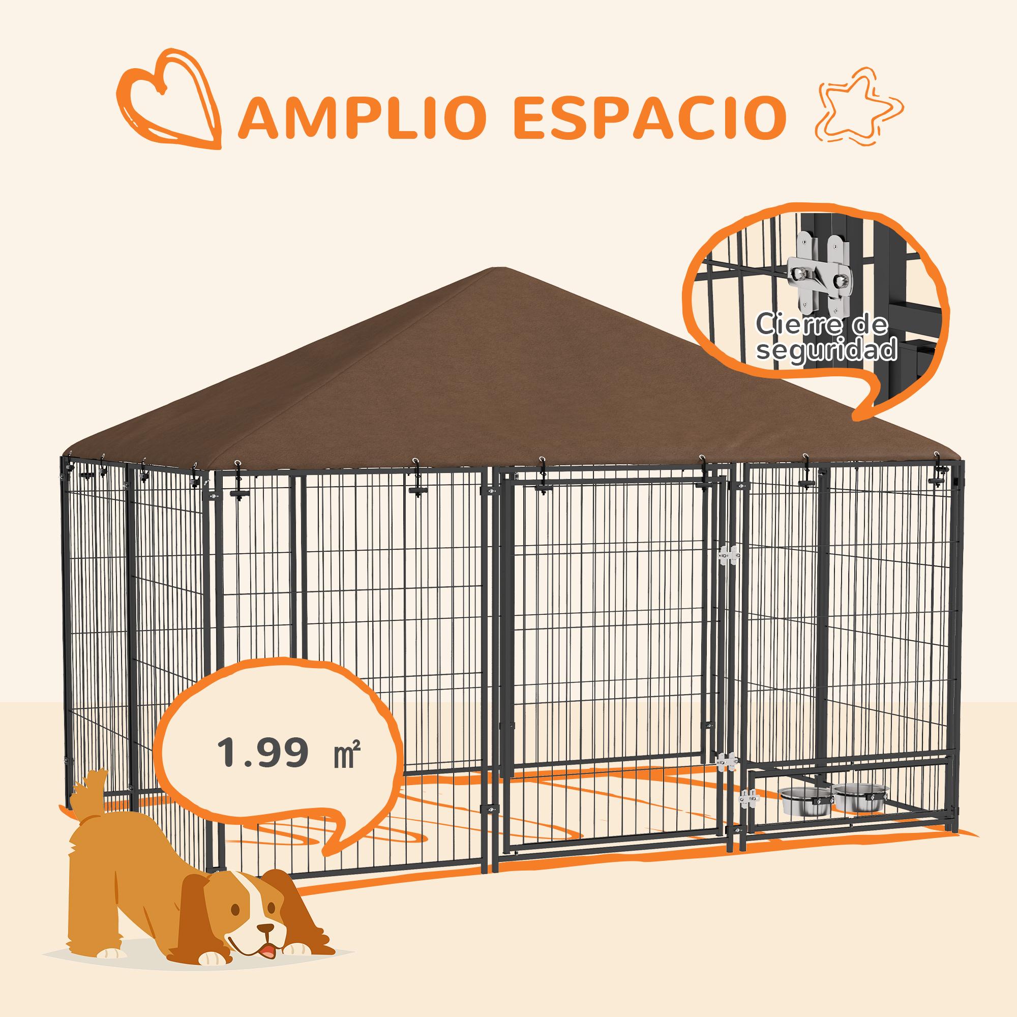 Perrera con Toldo Parque para Perros Metálica de Exterior con Soporte Giratorio para Comida 2 Cuencos para Patio Jardín Terraza 211x141x151 cm Negro