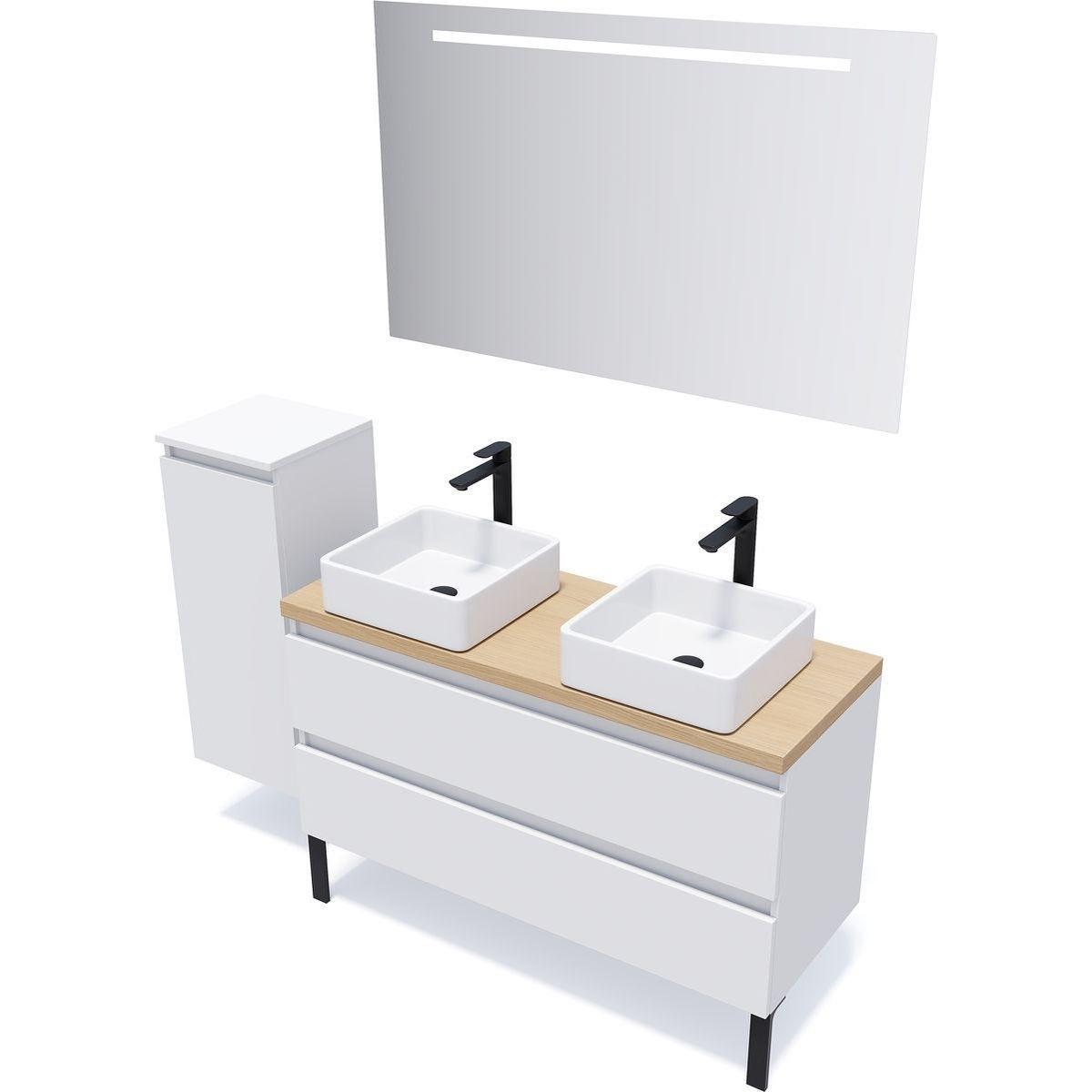 Meuble de salle de bain suspendu 2 vasques à poser 120cm 2 tiroirs Blanc - Hudson