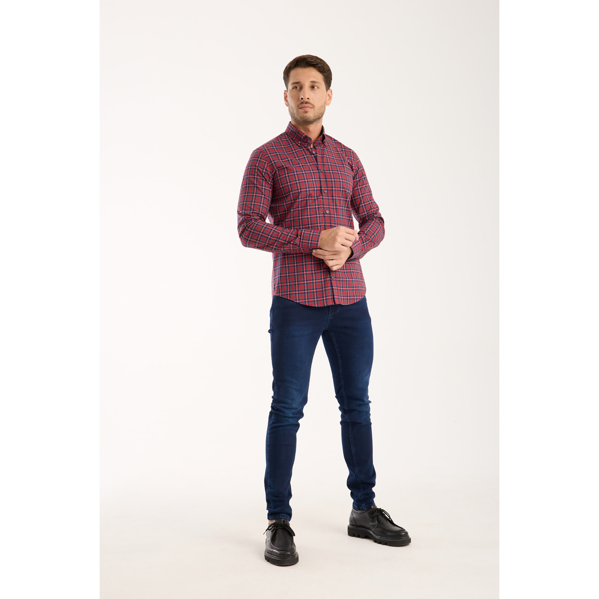camicia uomo 1 bottone button down slim Popeline Quadro Piccolo Rosso/Blu