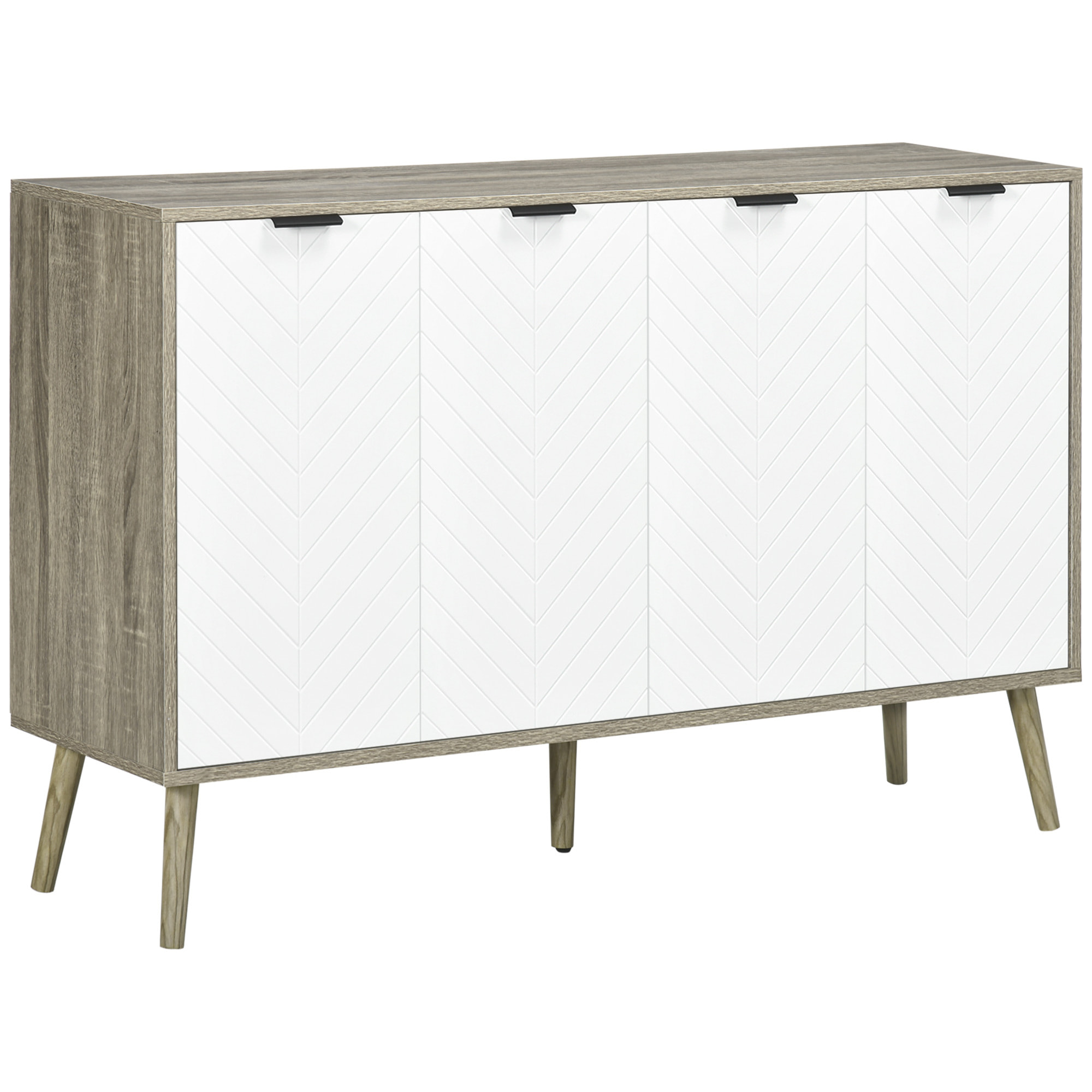 Buffet design scandinave 4 portes 2 étagères piètement bois de pin panneaux portes motif chevrons blanc aspect bois gris