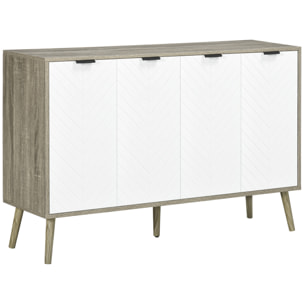 Buffet design scandinave 4 portes 2 étagères piètement bois de pin panneaux portes motif chevrons blanc aspect bois gris
