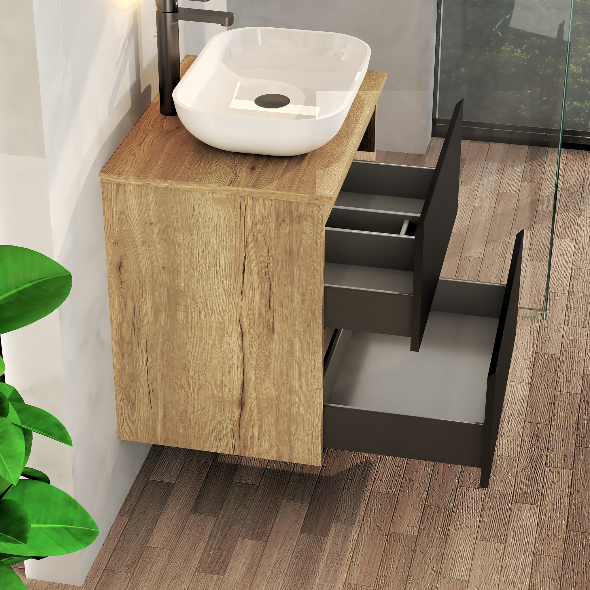 Conjunto de Baño Nia | Mueble Suspendido | 60 cm Negro | Dos Cajones | Lavabo Sobrepuesto | No incluye Espejo | Mueble Montado| Alday