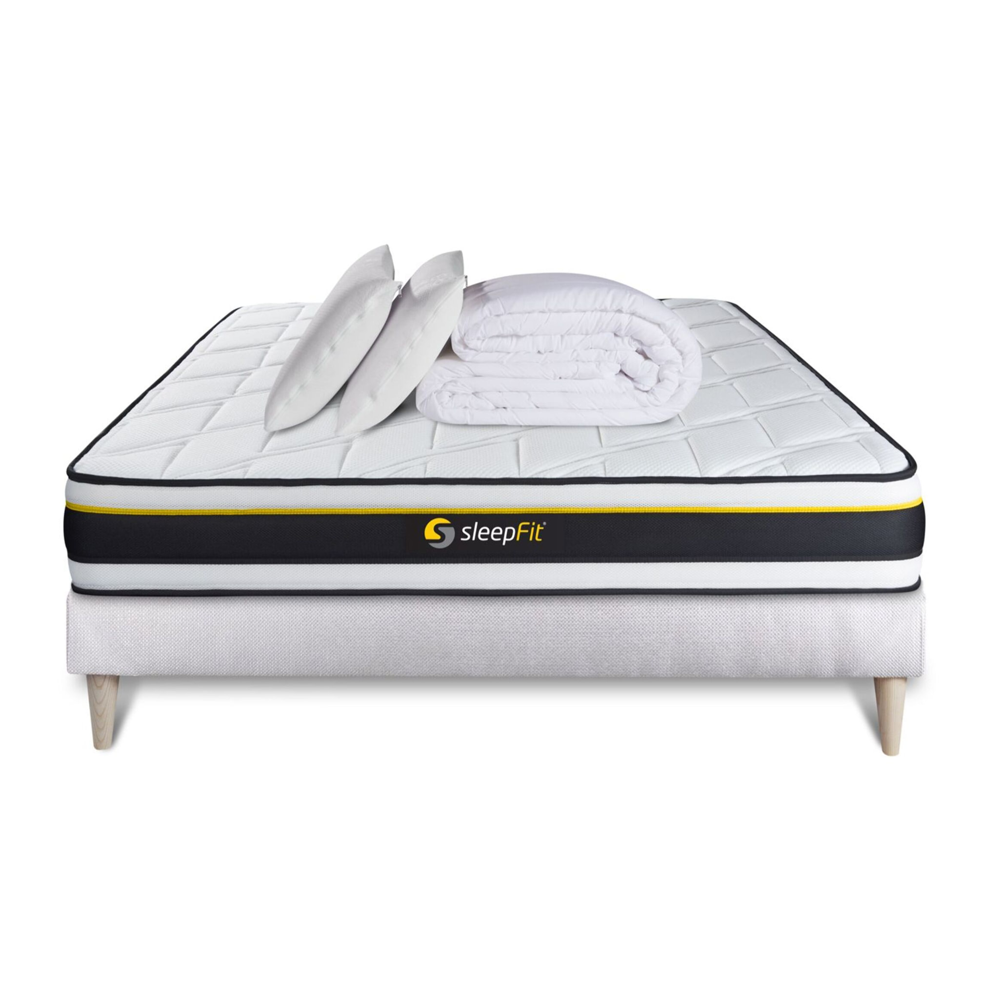 Pack cama completa - Colchón Espuma - Kit de base de cama - Blanco -  con 2 almohadas y 1 edredón