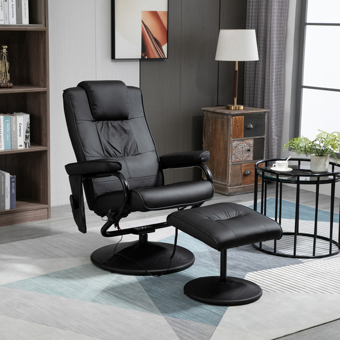 HOMCOM Sillón de Masaje Eléctrico con Taburete Reposapiés Sillón Relax Giratorio Reclinable hasta 145° con Control Remoto y 10 Zonas de Masaje Tapizado en PU 77x84x95 cm Negro