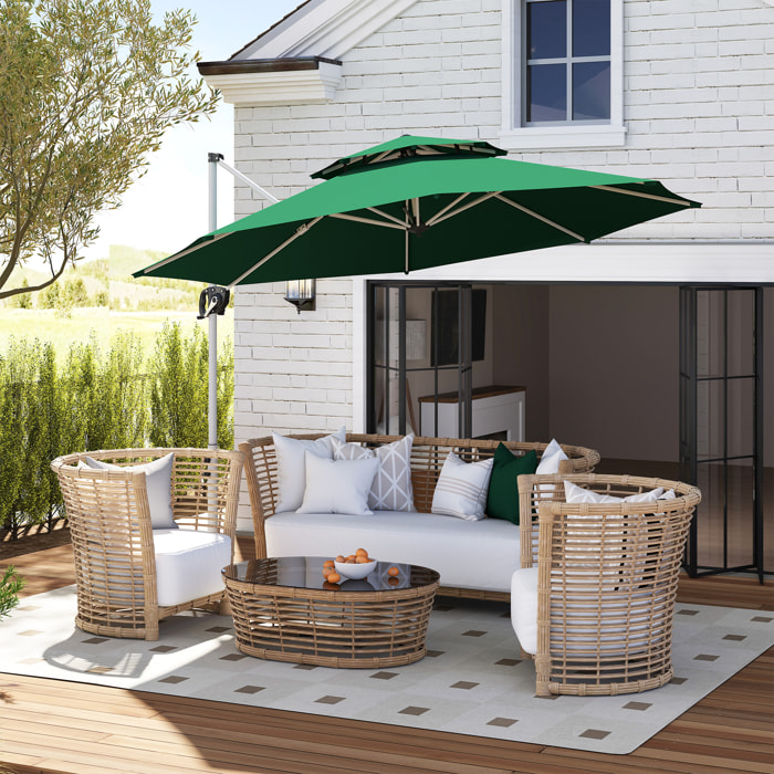 Sombrilla de Jardín Ø292 cm Parasol Excéntrico con Manivela Giratorio 360° Inclinación Ajustable Doble Techo y Base Cruzada Sombrilla para Terraza Exterior Patio Verde Oscuro