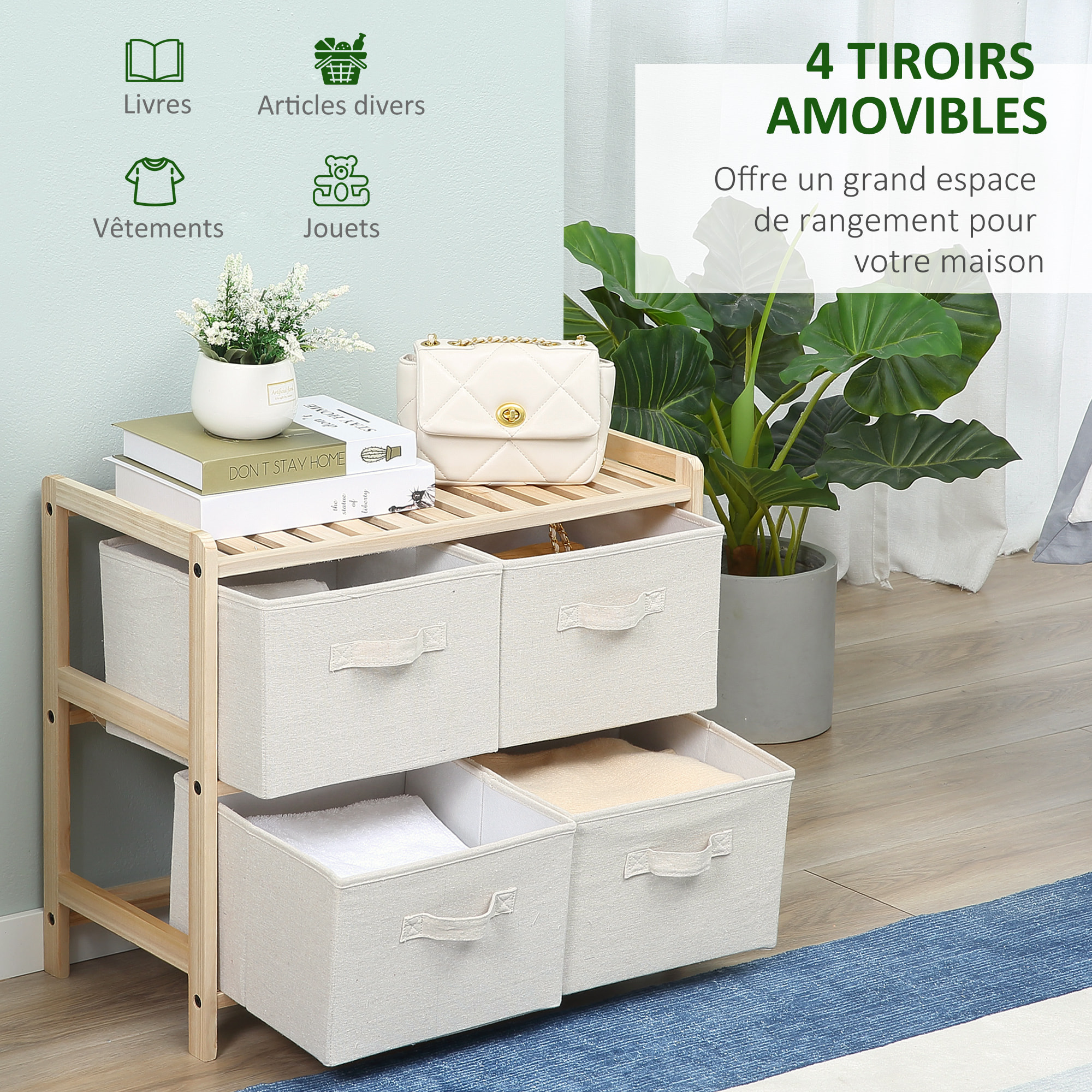 Commode 4 tiroirs tissu polyester beige dim. 59L x 28l x 50H cm bois sapin