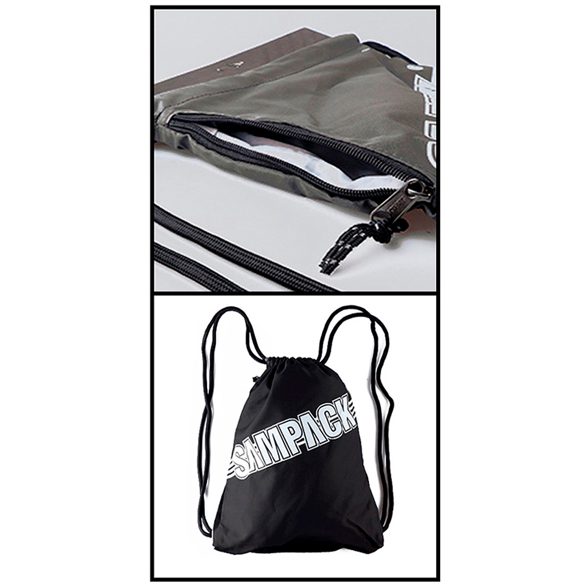 Bolsa de deporte azul marino con cuerdas y bolsillo lateral con cremallera.