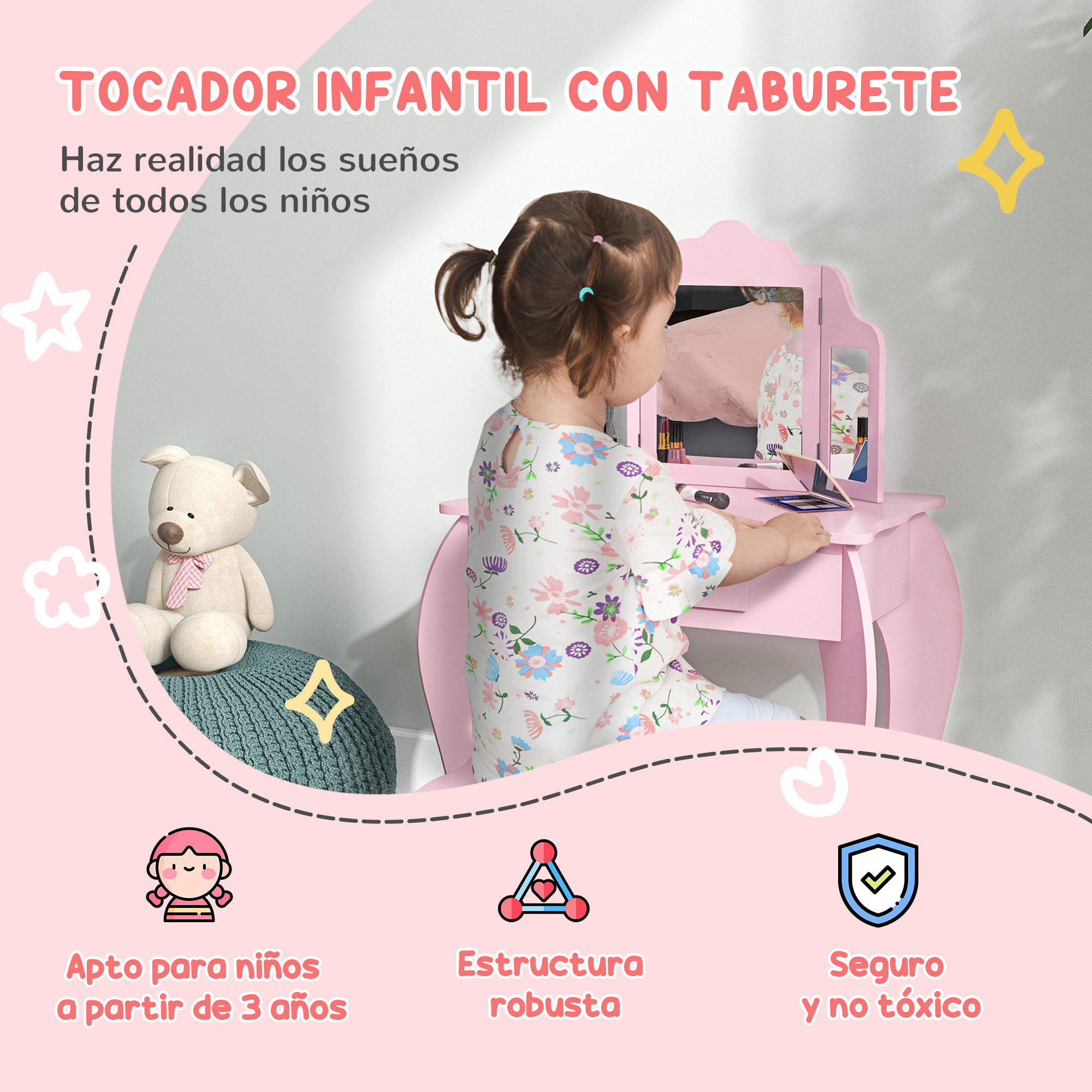 Tocador Infantil con Taburete y Espejo Ajustable, Tocador para Niñas con Cajón, Mesa de Maquillaje para Niños y Niñas de 3-6 Años, Rosa