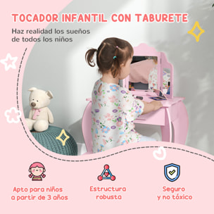 Tocador Infantil con Taburete y Espejo Ajustable, Tocador para Niñas con Cajón, Mesa de Maquillaje para Niños y Niñas de 3-6 Años, Rosa