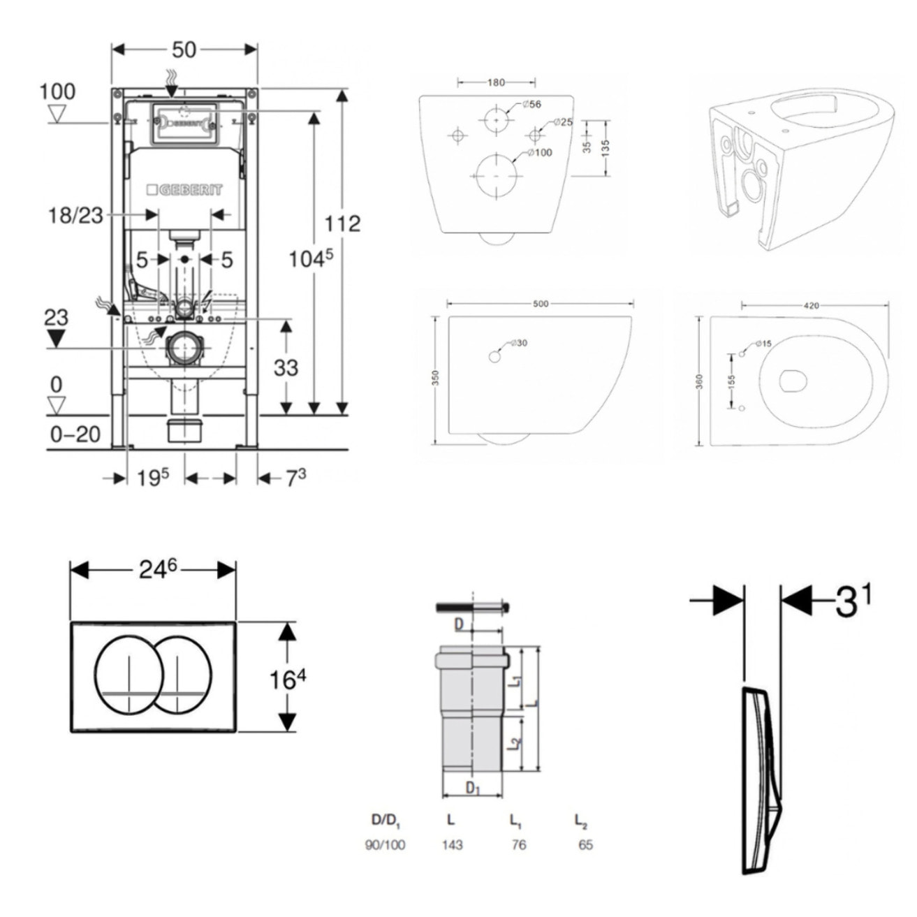 Pack WC bâti-support Geberit Duofix 112 cm + WC japonais suspendu sans bride avec abattant + plaque (GEBSTFUWR01-FR)