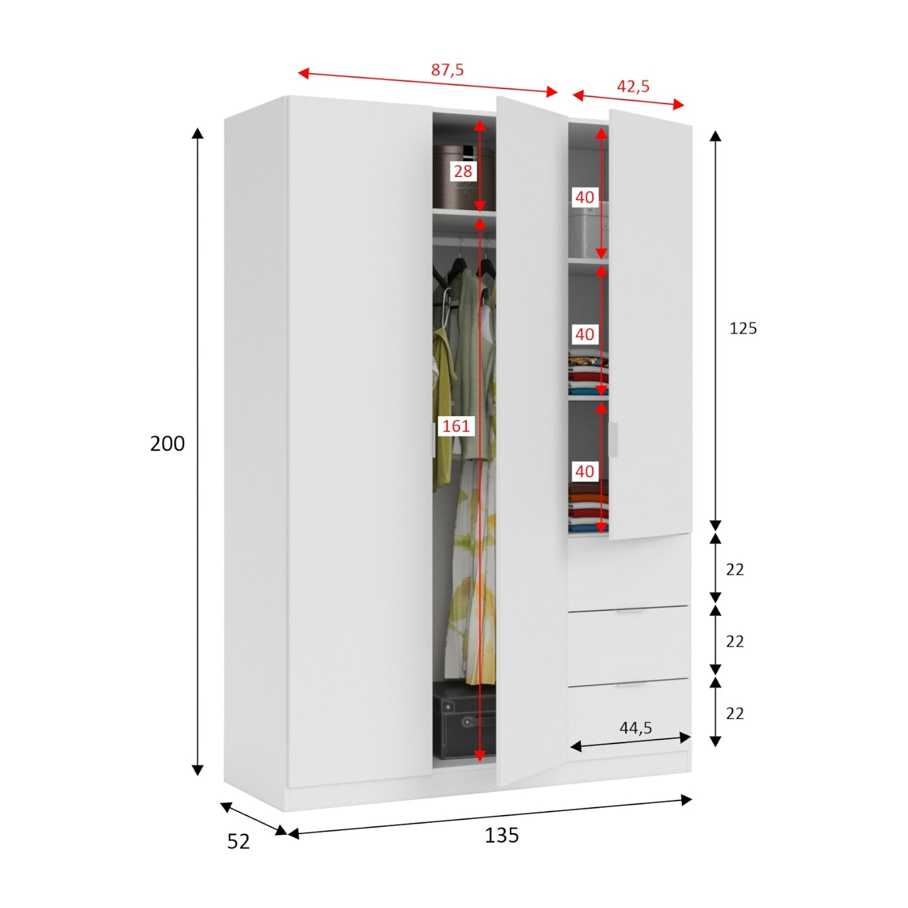 Guardaroba Fullerton, Armadio per camera da letto a 3 ante e 3 cassetti, Mobile con 3 ripiani e barra appendiabiti, cm 135x52h200, Bianco