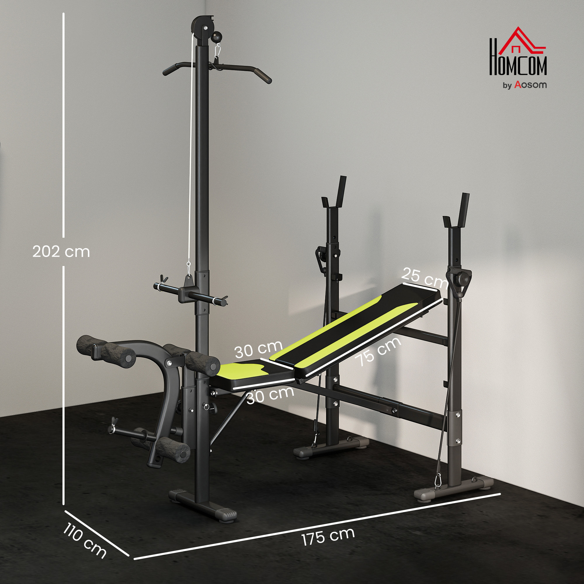 Banco de Pesas Multifuncional Banco de Musculación Reclinable con Altura Ajustable para Fitness Entrenamiento Completo en Gimnasio y Casa Carga 300 kg 175x110x202 cm Negro