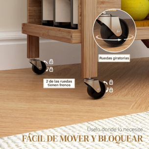 HOMCOM Carrito de Cocina de Bambú con Ruedas, Carro de Cocina Plegable con Soporte para Vino, 2 Estantes, Organizador para Comedor o Salón, 66x40x70 cm, Natural