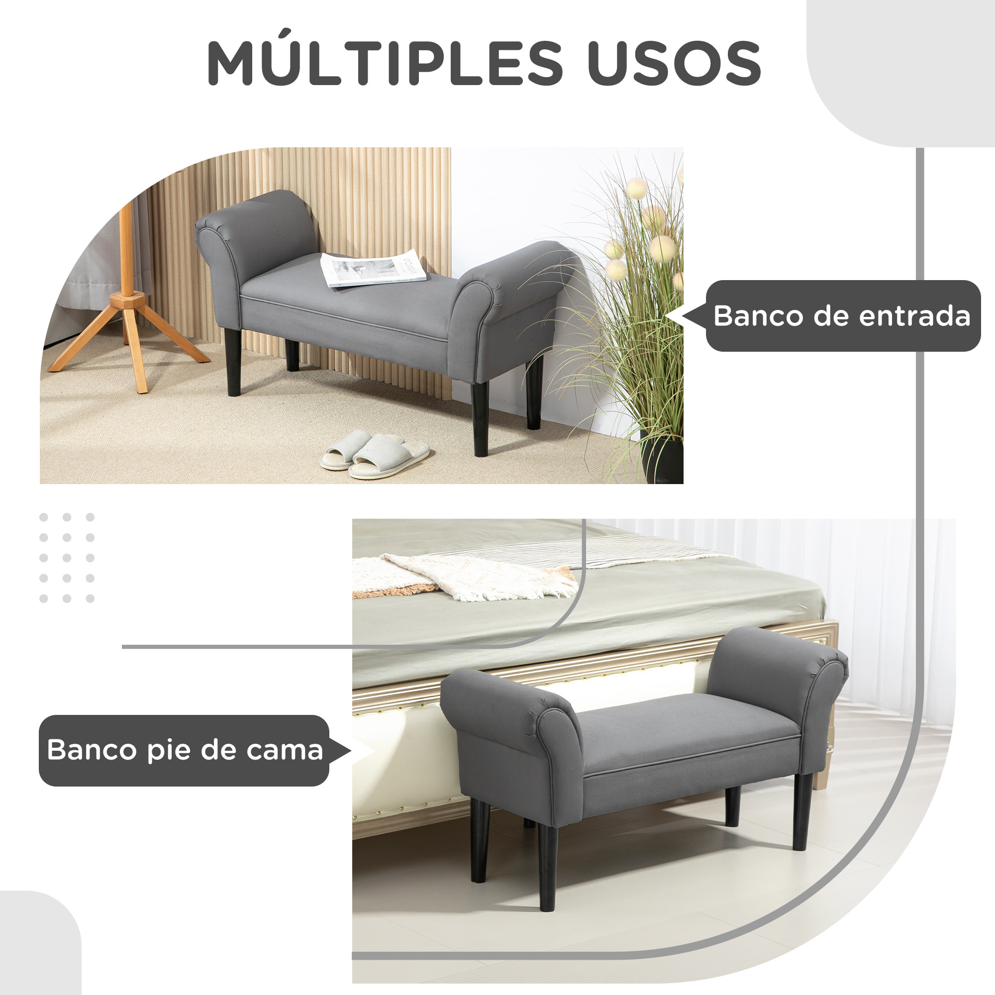 Banco Pie de Cama, Taburete Pie de Cama Tapizado en Lino Sintético con Patas de Madera, Reposabrazos y Asiento Acolchado, Estilo Moderno, Banco para Dormitorio, Entrada, Pasillo, Gris Oscuro