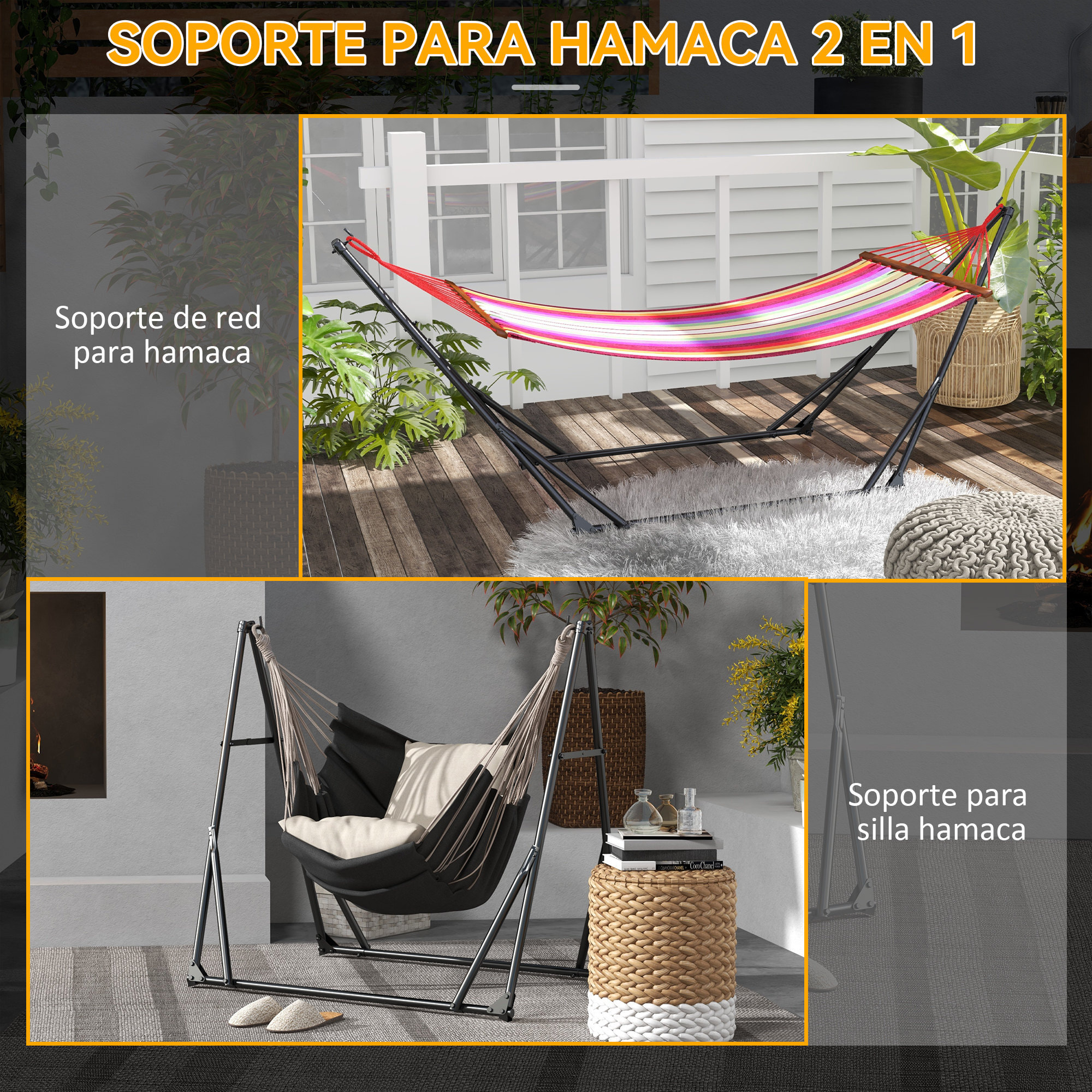 Soporte para Hamaca Plegable Portátil, 2 en 1, Soporte para Silla Colgante con Estructura de Metal y Bolsa de Transporte, Carga 120 kg, para Hamaca 2,5 m y Silla 1,5 m de Largo, Negro