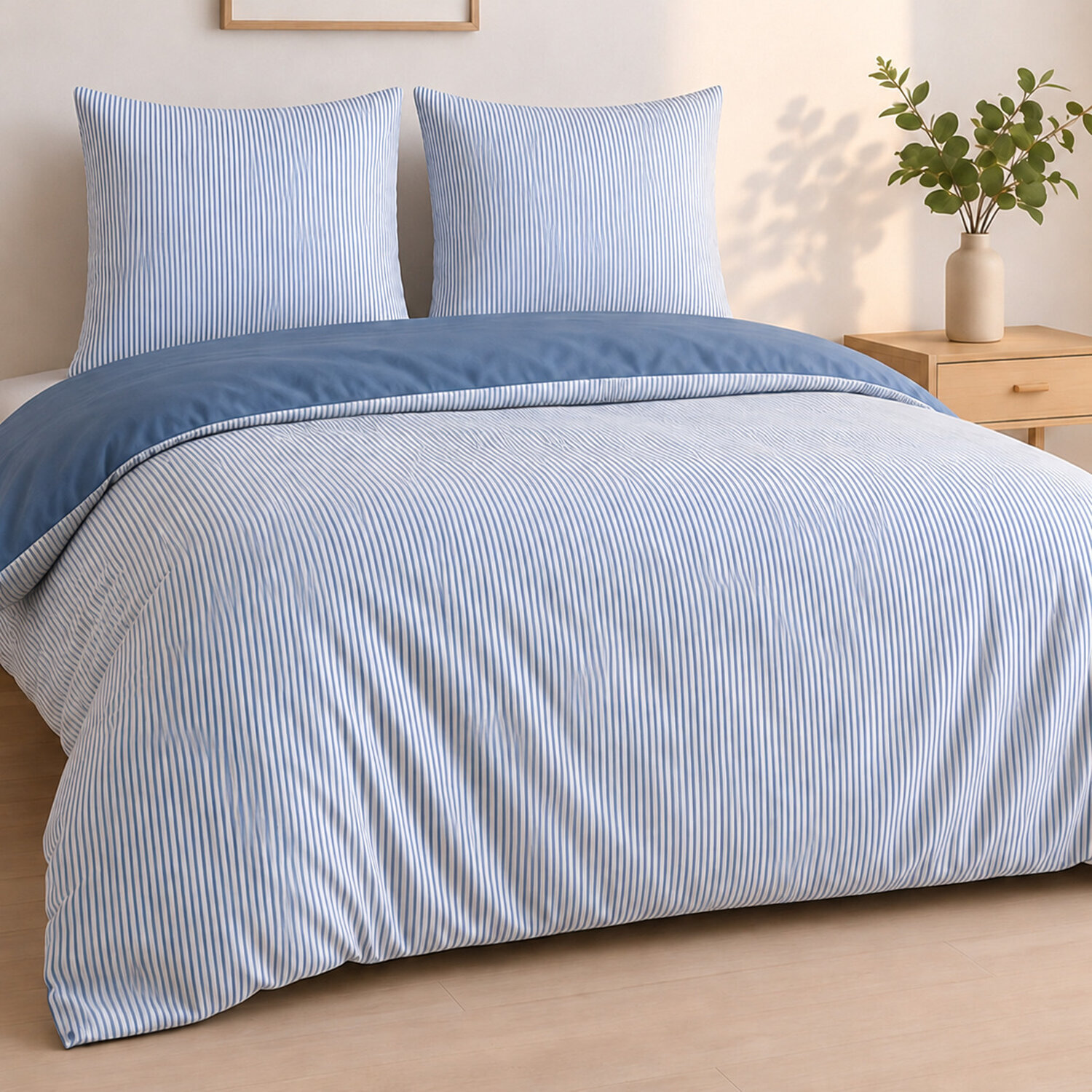 Parure housse de couette mini seersucker rayures demin bleu, MILLERAY