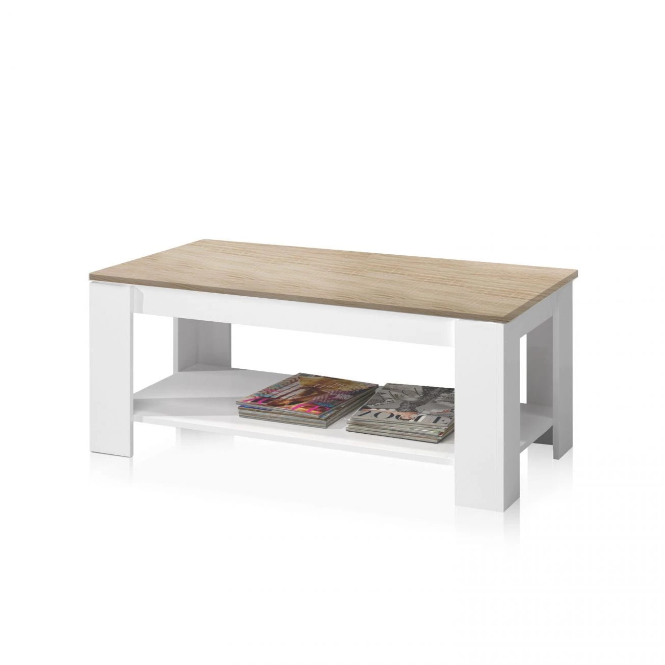 Mesa de centro elevable Ambit Blanco Artik (Blanco Mate) - Roble Canadian