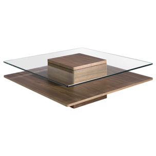 Mesa de centro de nogal y cristal 100x100x35cm