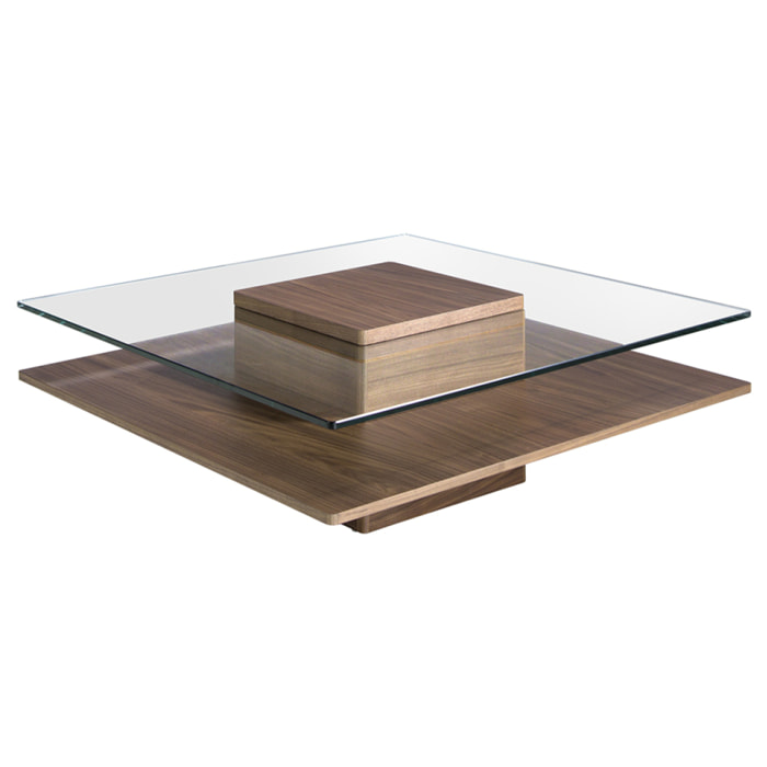 Mesa de centro de nogal y cristal 100x100x35cm