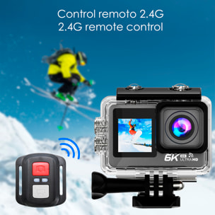 Cámara Deportiva M82 TR 6k 30fps con 47,5 mpx, doble pantalla de 2" y 1.3", estabilizador de imagen, multitud de accesorios y WIFI.