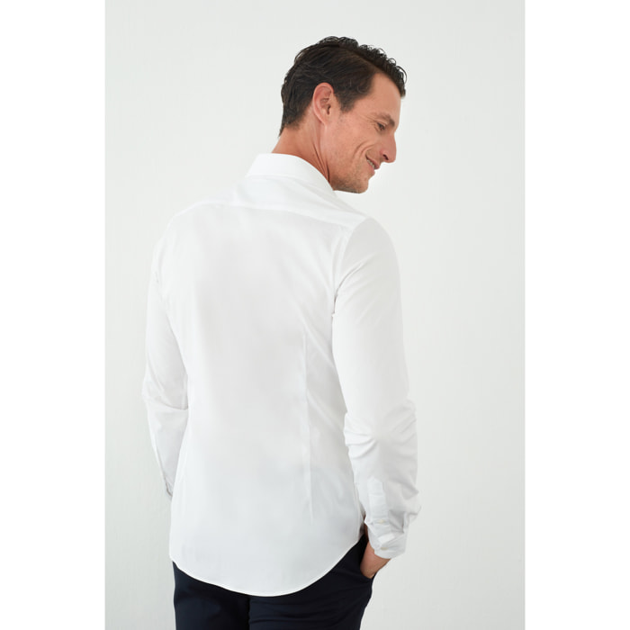 Camicia Uomo 1 Bottone Francese Contrasto sul Collo Popeline Stretch Unito Bianco