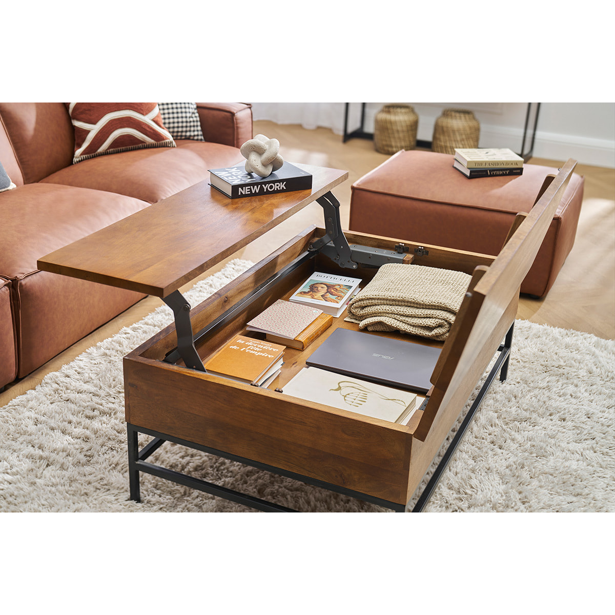 Table basse relevable industrielle bois manguier massif teinté et métal noir L110 cm YPSTER