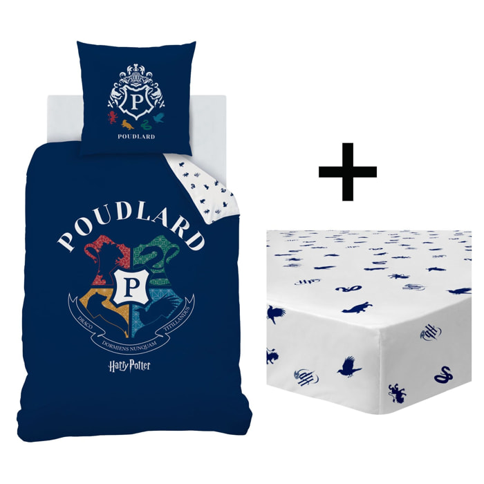 Parure de lit imprimée + drap housse 100% coton, HARRY POTTER BLASON