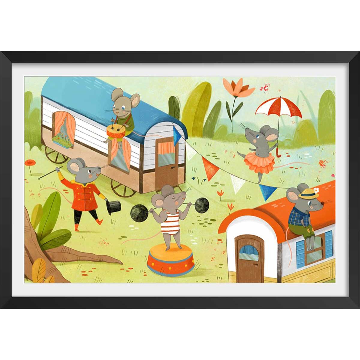 Affiche enfant roulottes de cirque  Affiche + cadre en bois - Noir