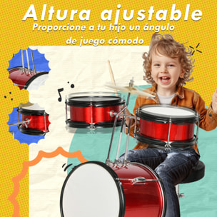 Batería Infantil con Taburete Ajustable Batería para Niños de +3 Años con Tambores Bombo Platillo Pedal y Baquetas 80x60x48-65 cm Rojo