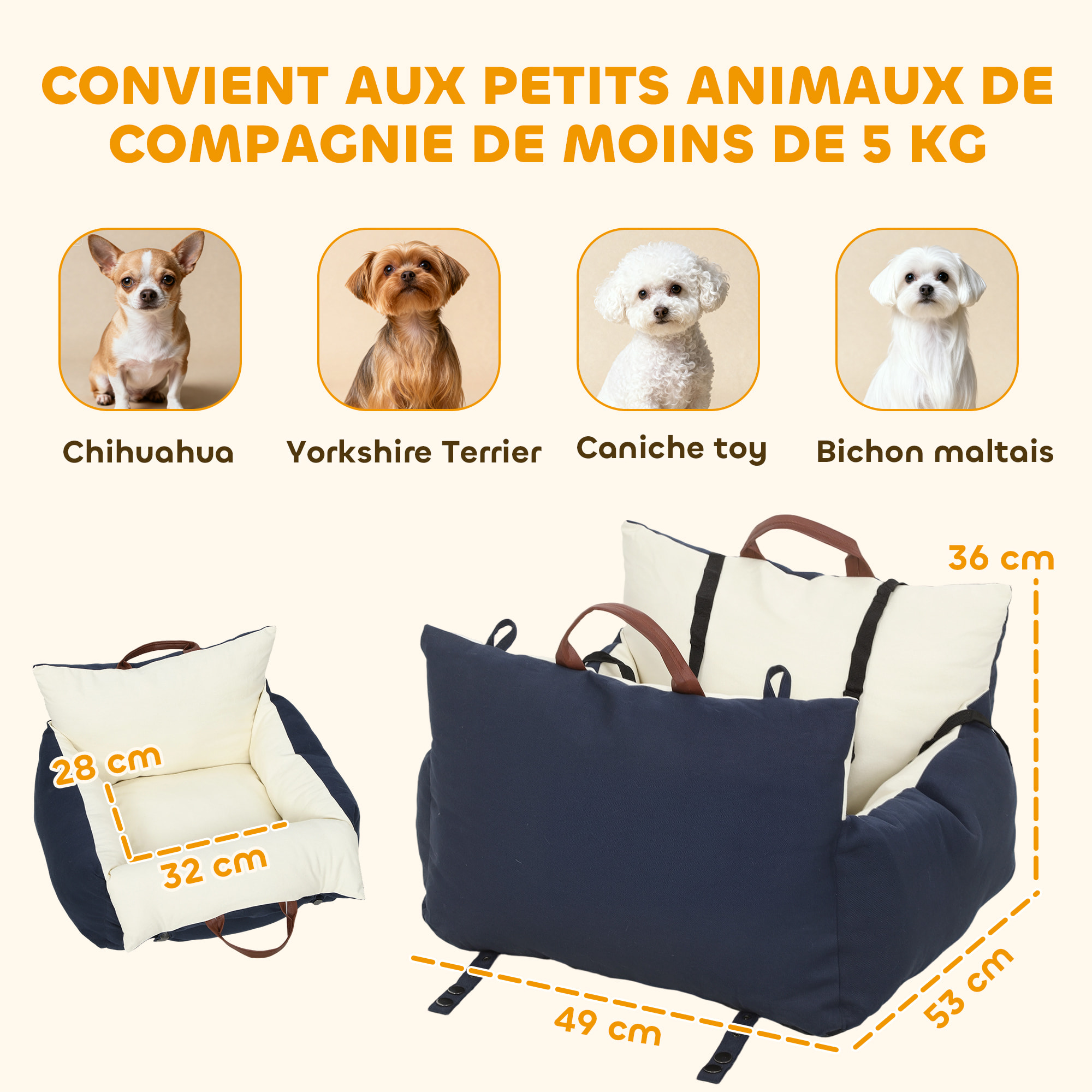 Siège auto sac de transport chien 2 en 1 - réglable - coussin déhoussable - coton bleu écru