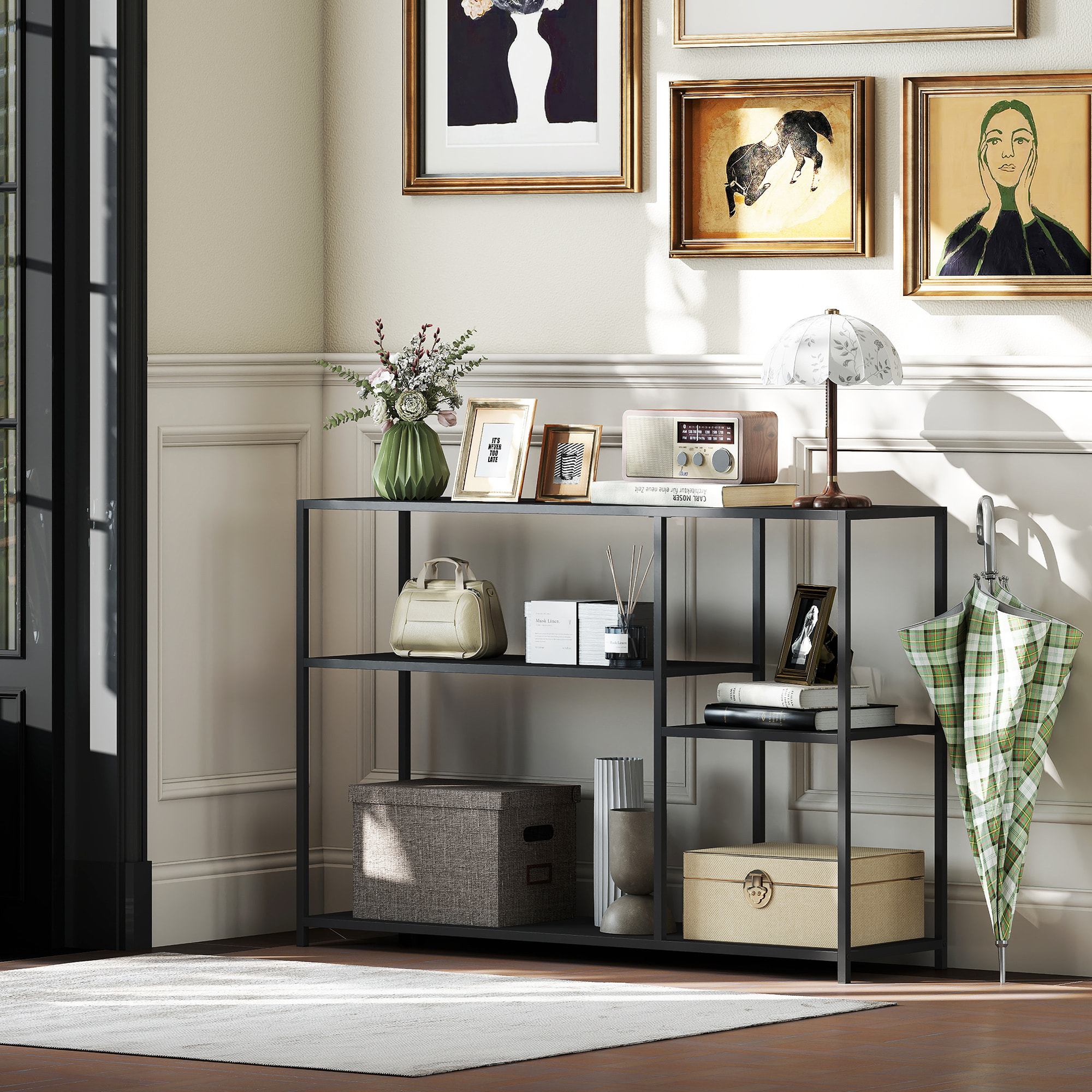 Console meuble d'entrée style industriel 4 étagères dim. 110 x 30 x 75 cm acier panneaux noir