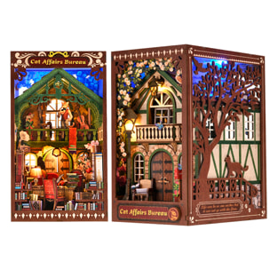 Oficina de Gatos. Book Nook de madera, diseño 3D realista con gran detalle, cubierta y luces led.