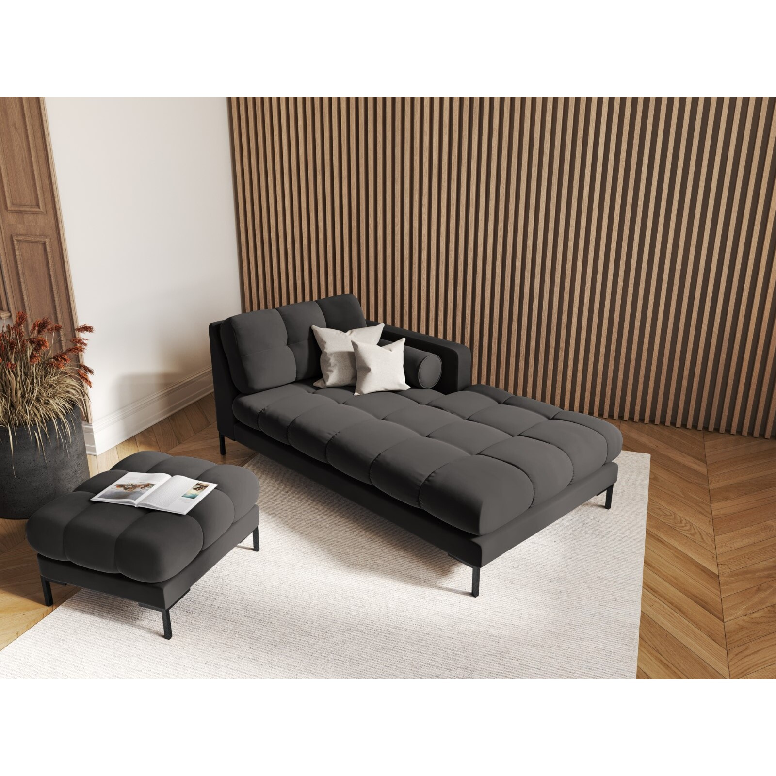 Pouf "Bali" en velours gris foncé