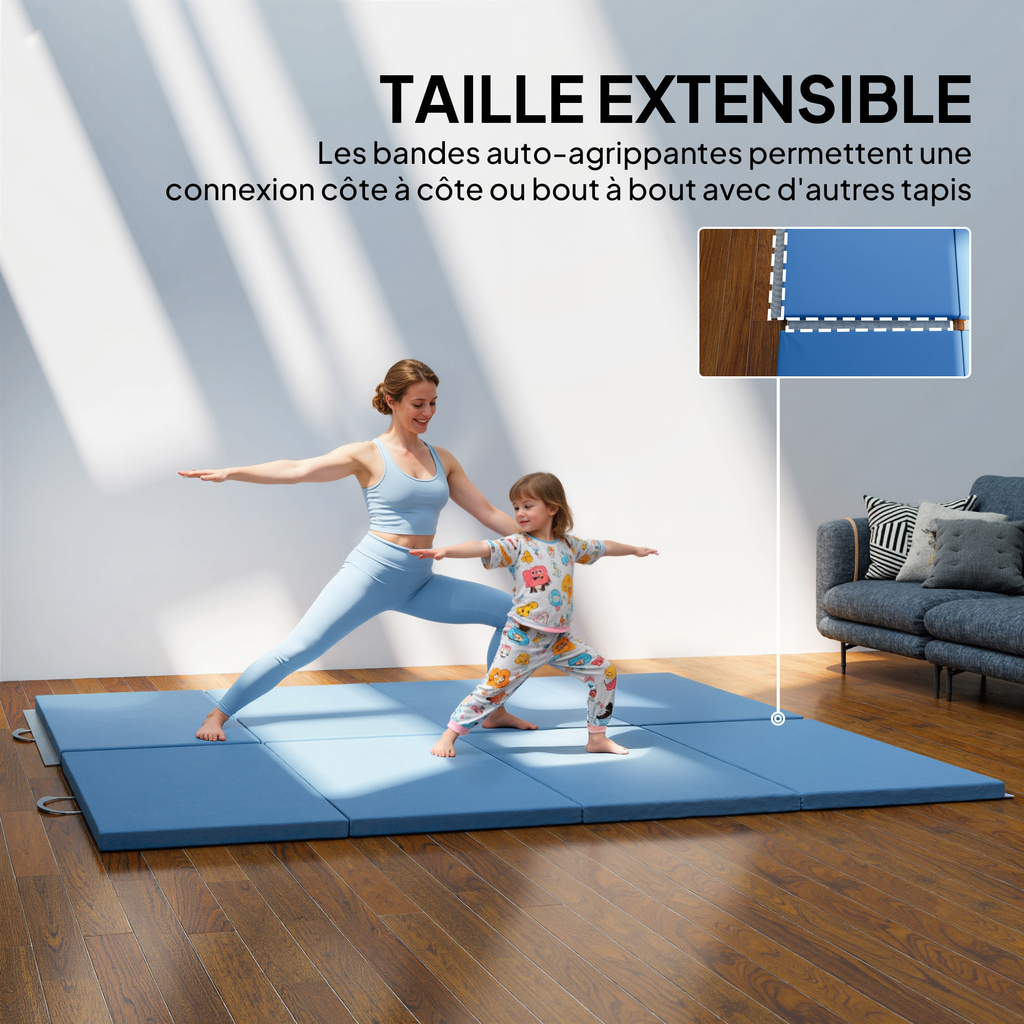 Tapis de gym yoga fitness pliable - poignée - revêtement synthétique - bleu