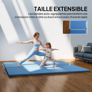 Tapis de gym yoga fitness pliable - poignée - revêtement synthétique - bleu